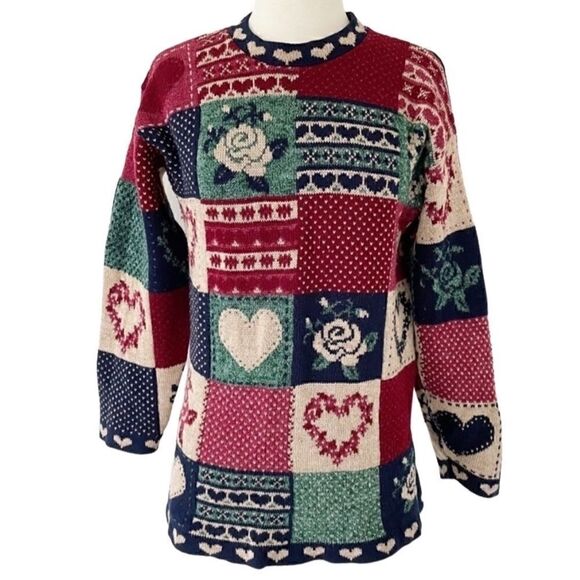 Vintage Sweaters - Vintage Crewneck Pullover Knit Sweater Floral Heart Patches Women Size XS Small